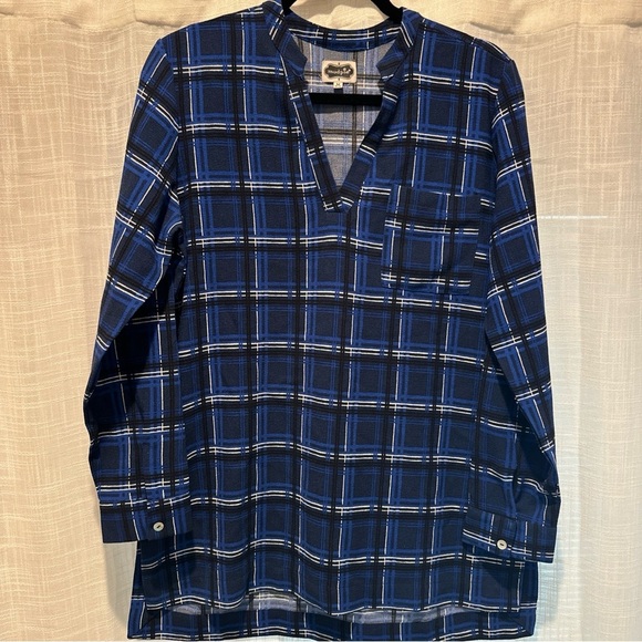 Mud Pie Tops - Mud Pie Women M Plaid Long Sleeve Tunic Top V Neck Blue Fall Winter Wear Causal
